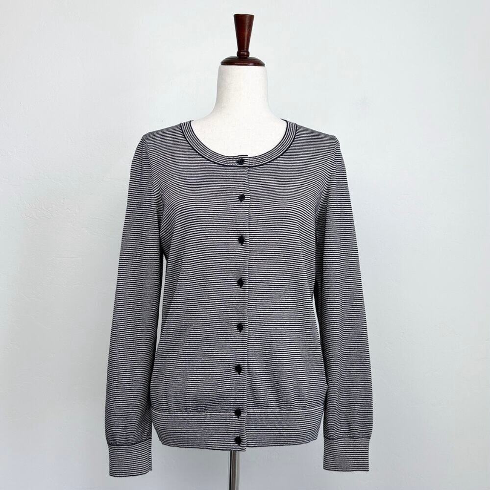 Talbots Navy Blue Striped Metallic Crewneck Long Sleeve Sweater Knit Cardigan - Picture 2 of 9